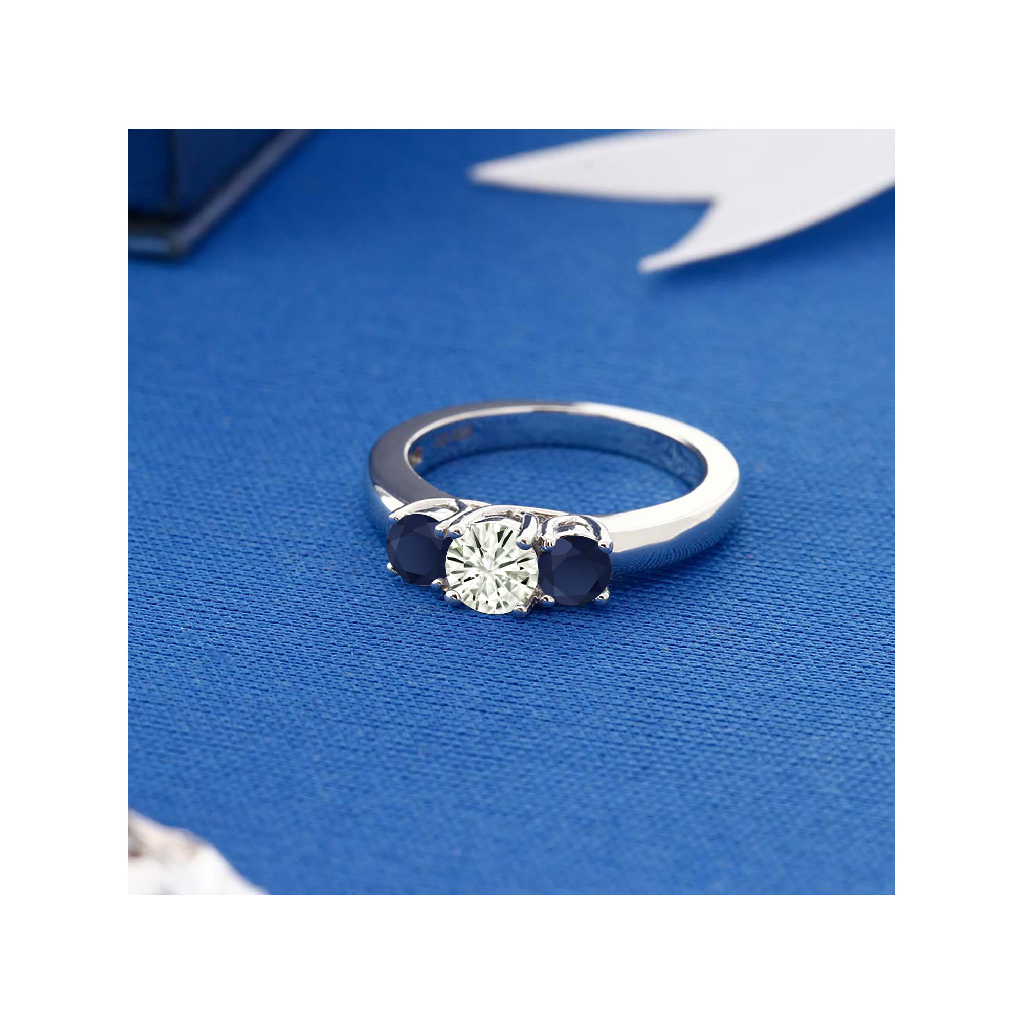 Engagement Ring Created Moissanite by Charles & Colvard and Created Sapphire DEW 925 Sterling Silver 3-Stone Ring Forever Classic KLM Round 0.50ct 